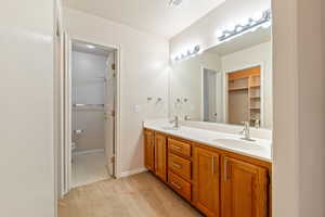 Bathroom featuring double vanity, light colored carpet, and a walk in closet
