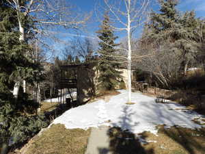 View of yard covered in snow