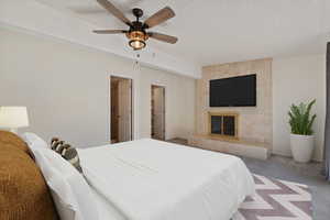 Primary Bedroom with Ensuite bathroom, walk-in closet and wood burning fireplace. Digital furniture