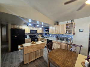 Kitchen featuring black appliances, new light wood cabinets, with open shelves