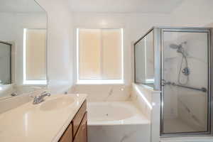 Bathroom featuring a garden tub, a marble finish shower, and vanity