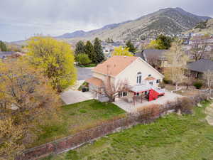 Aerial view of residential area with mountains