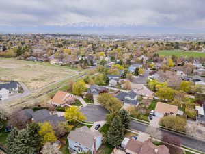 Aerial perspective of suburban area featuring mountains