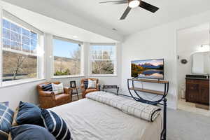Bedroom featuring light carpet and ceiling fan
