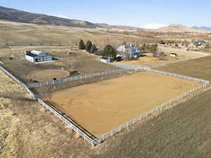 Overview of rural landscape featuring mountains
