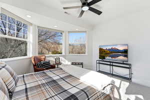 Bedroom with carpet floors, recessed lighting, and a ceiling fan
