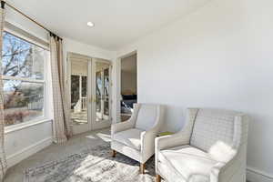 Sitting room with carpet floors and recessed lighting