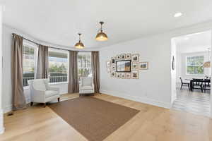 Living area featuring light wood-type flooring and recessed lighting