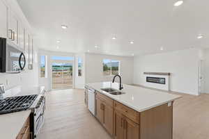 Kitchen with stainless steel appliances, light wood-type flooring, a glass covered fireplace, open floor plan, and recessed lighting