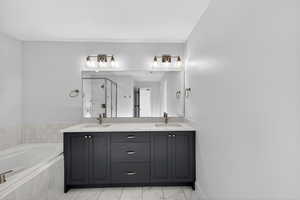 Full bath featuring double vanity, a shower stall, and a bath