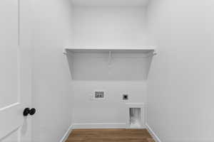 Laundry area with electric dryer hookup, wood finished floors, and washer hookup