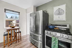 Kitchen with stainless steel appliances and light wood-type flooring