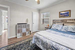 Bedroom featuring crown molding, light wood-style floors, and a ceiling fan