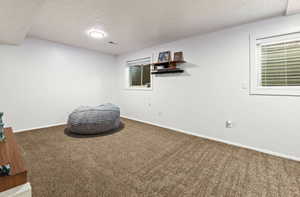 Unfurnished room featuring a textured ceiling and carpet