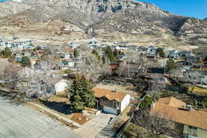 Aerial perspective of suburban area with mountains