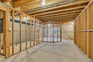 Unfinished basement featuring electric panel