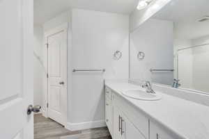 Bathroom with vanity, light wood-type flooring, and a shower