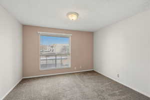 Unfurnished room with carpet and a textured ceiling