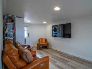 Living area with light wood-style flooring and recessed lighting