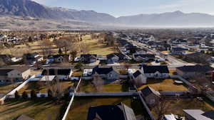 Aerial view of residential area with a mountain backdrop