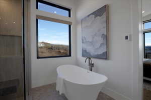 Ensuite bathroom with a freestanding tub and baseboards