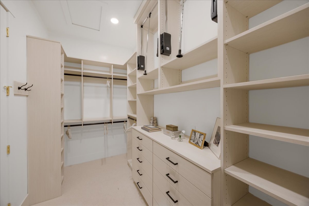 Walk in closet with light colored carpet