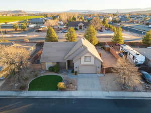 Aerial view of residential area with a mountain backdrop