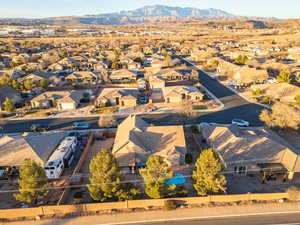 Aerial view of residential area with a mountain backdrop