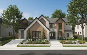 View of front of house featuring a standing seam roof and stone siding