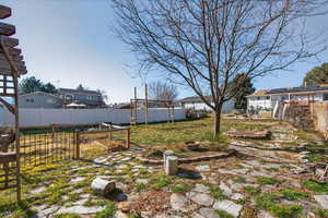 Fenced backyard featuring a residential view and a garden