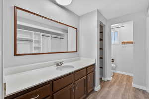 Bathroom with vanity, a spacious closet, and light wood-style floors