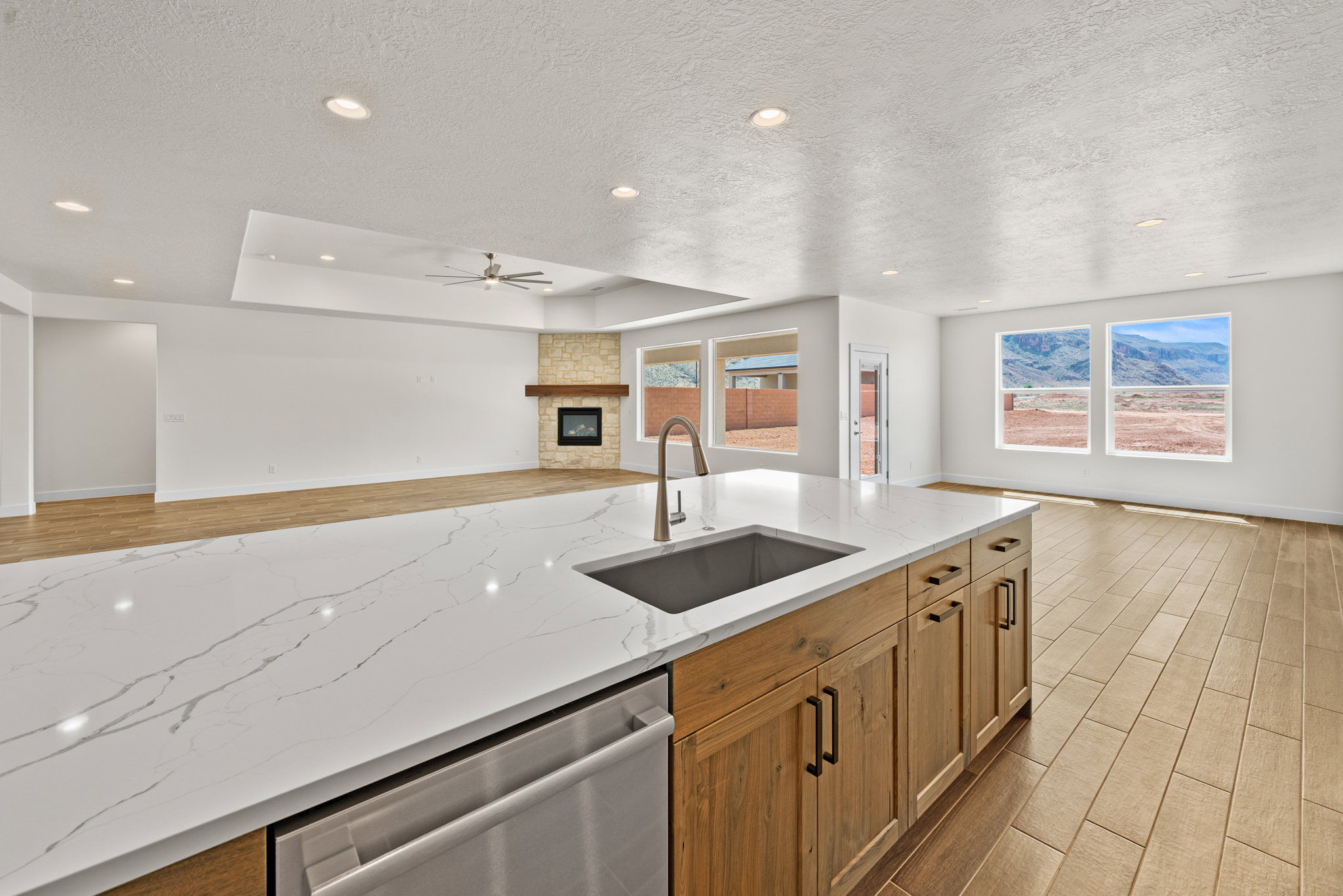 Kitchen featuring wood finish floors, open floor plan, a fireplace, dishwasher, and a raised ceiling