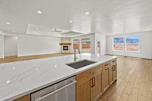 Kitchen featuring wood finish floors, open floor plan, a fireplace, dishwasher, and a raised ceiling