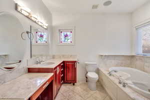 Full bathroom with vanity and a jetted tub