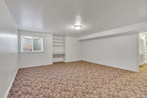 Basement featuring carpet flooring, built in shelves, and a textured ceiling