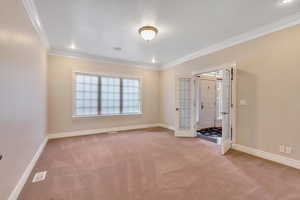 Spare room with light colored carpet and ornamental molding