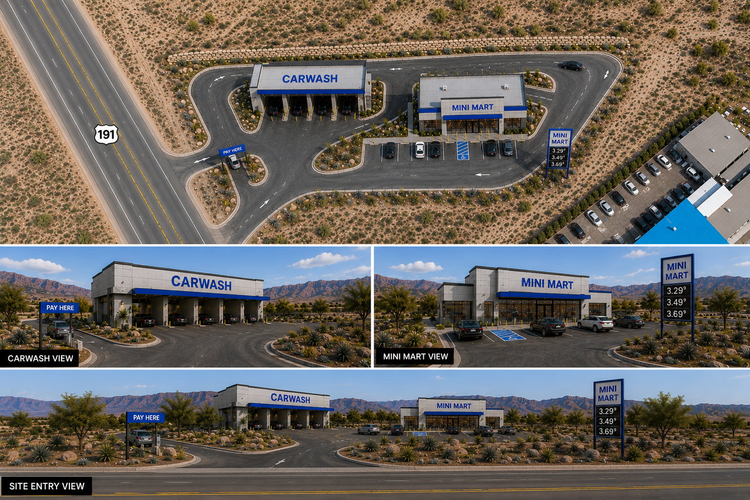 Site plan and architectural renderings. Depicting the property from multiple perspectives, including aerial, carwash, mini-mart, and site entry views. Marketing Purposes only.