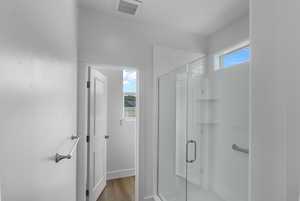 Full bathroom featuring a shower stall and wood finished floors