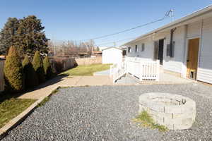 Fenced backyard with a deck and a patio area