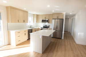 Kitchen featuring light wood finish cabinets, stainless steel appliances, modern cabinets, light wood-style floors, and recessed lighting