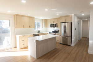 Kitchen with light wood finish cabinets, stainless steel appliances, light wood finished floors, modern cabinets, and a kitchen island