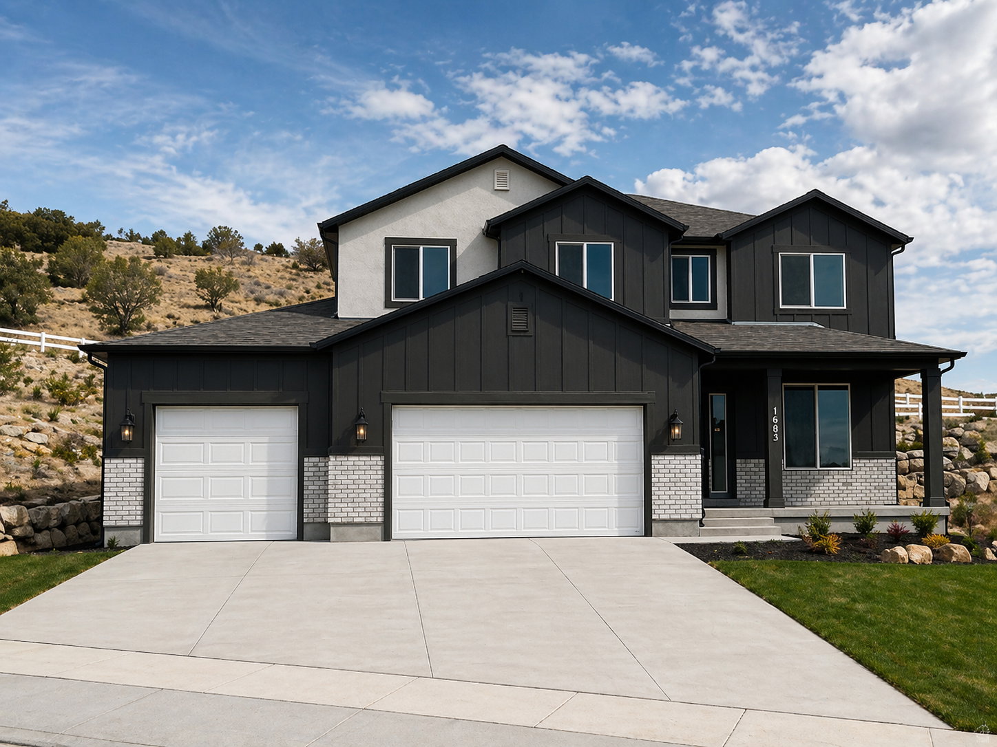 Craftsman inspired home featuring board and batten siding, concrete driveway, a porch, an attached garage, and brick siding