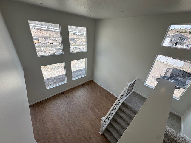 Staircase featuring wood finished floors, a high ceiling, and plenty of natural light