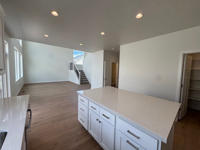 Kitchen featuring dark wood-style flooring, a center island, light stone counters, and recessed lighting