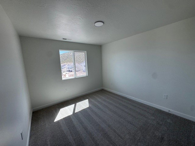 Unfurnished room with dark colored carpet and a textured ceiling