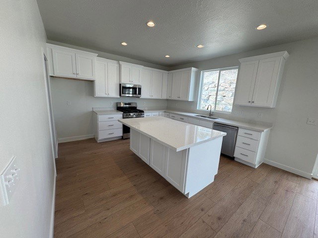 Kitchen with white cabinetry, stainless steel appliances, recessed lighting, light wood-style flooring, and a kitchen island