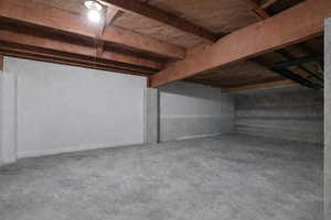 View of unfinished basement storage