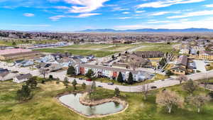 Aerial perspective of suburban area featuring mountains
