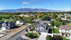 Aerial perspective of suburban area featuring mountains