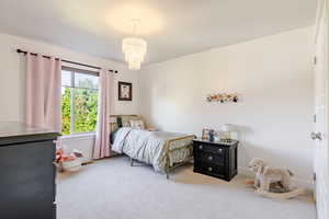 Bedroom featuring carpet and hanging lights